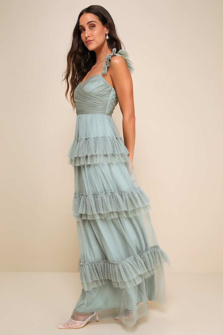 NWT Lulus Sz XL Pure Radiance Sage Brush Mesh Swiss Dot Tiered Maxi Dress